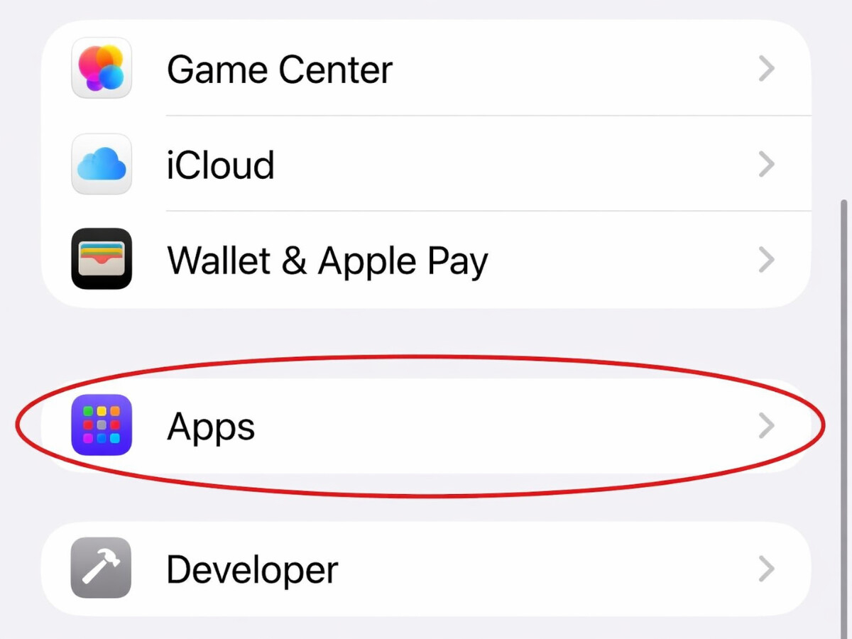 iPhone Einstellungen mit markiertem Menüpunkt Apps